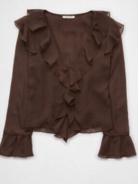 AE Chiffon Bell Sleeve Ruffle Brown Blouse SZ S Polyester Boho Style Pretty